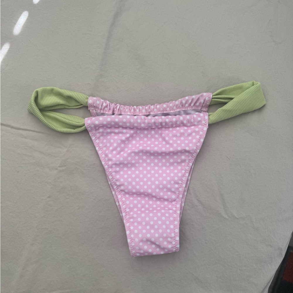 Pink Polka Dot Bikini Bottom with Green Side Straps